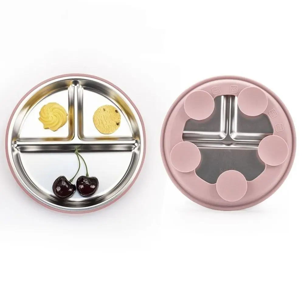 Silicone Suction Cup Baby Sucker Dining Plate Divided Design Non-Slip 3 Grids Children Dishes 304 Stainless Steel Anti-fall
