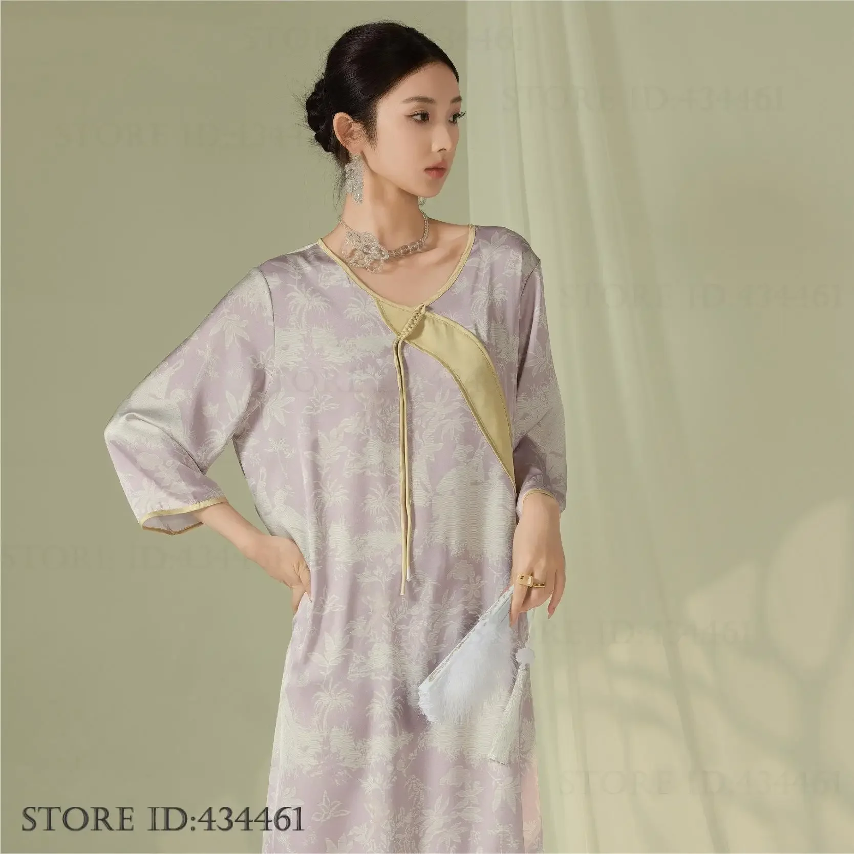 

Elegant Chinese Style Nightgown Women Sleepwear Half Sleeve Nightdress Loungewear Loose Casual Print Flower Nightwear Home Wear