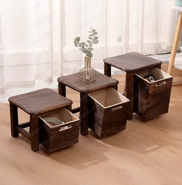 With Drawers, Low Stool Storage Multi-function, Solid Wood Tenon and Mortise Storage Stool, Nordic Japanese Shoe Changing Stool