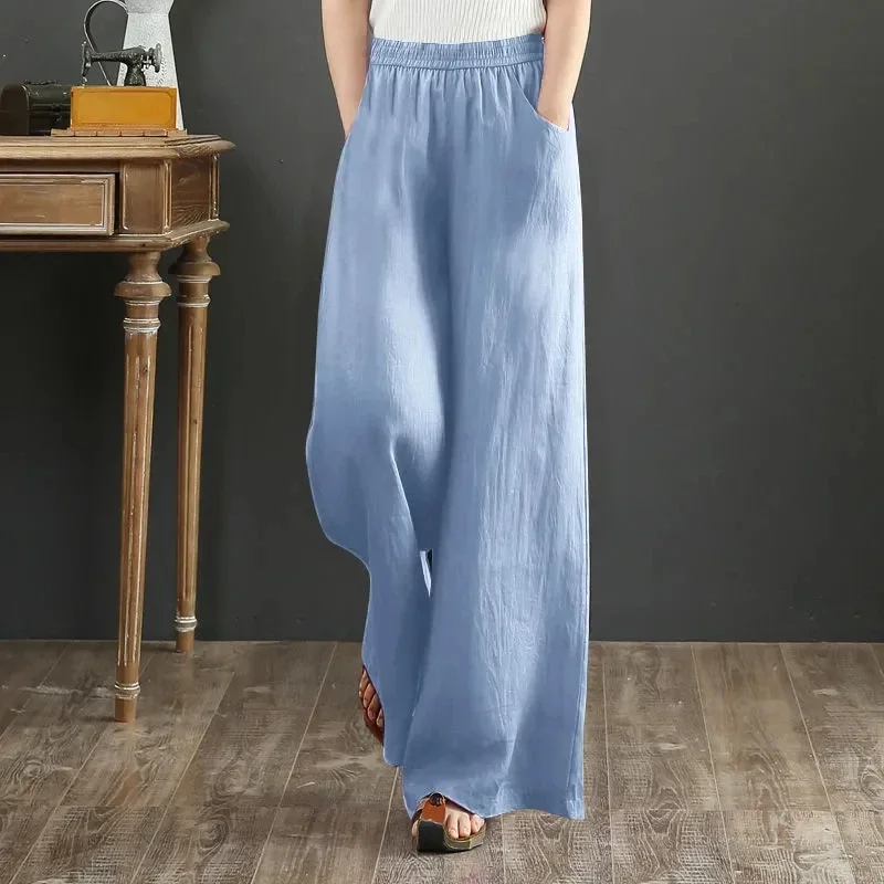 High Waist Cotton Linen Wide Leg Pants Casual Womens Summer Sweatpants Spring Baggy Straight Pantalones Korean Fashion 90cm New