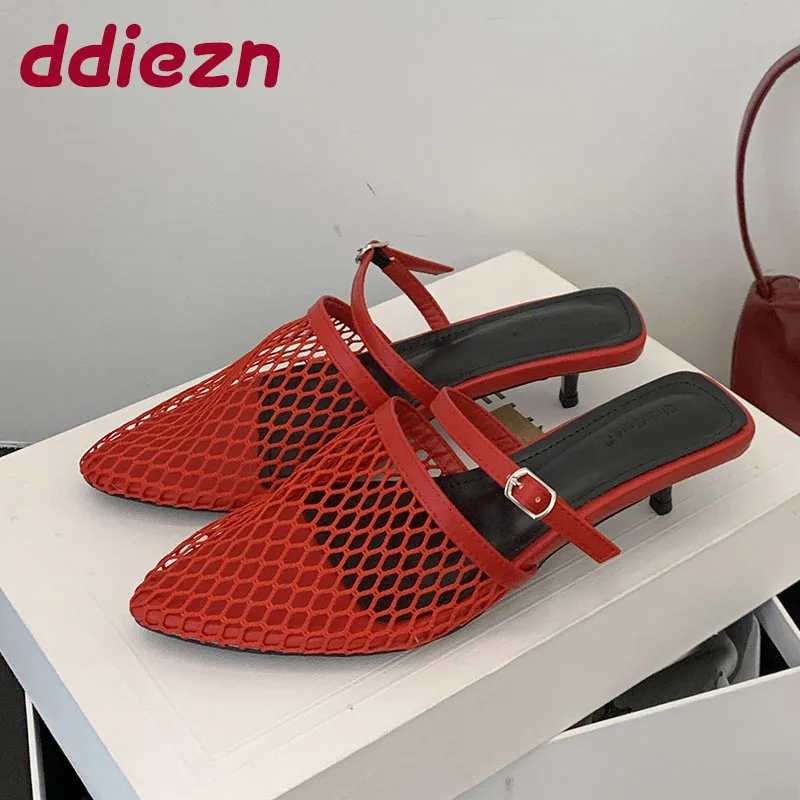 

Fashion Shallow Women Low Heel Sandals Shoes Slip On Footwear Female Slides Mesh Breathable Ladies Heeled Sandals Shoes Pumps