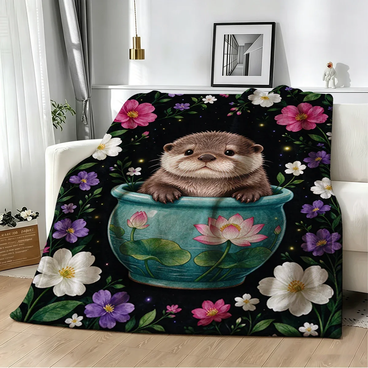 Otter Lotus Pot Rainbw Flannel Blanket Warm Soft Halloween Christmas Decorative Couch Warm Cozy All-Season Gift