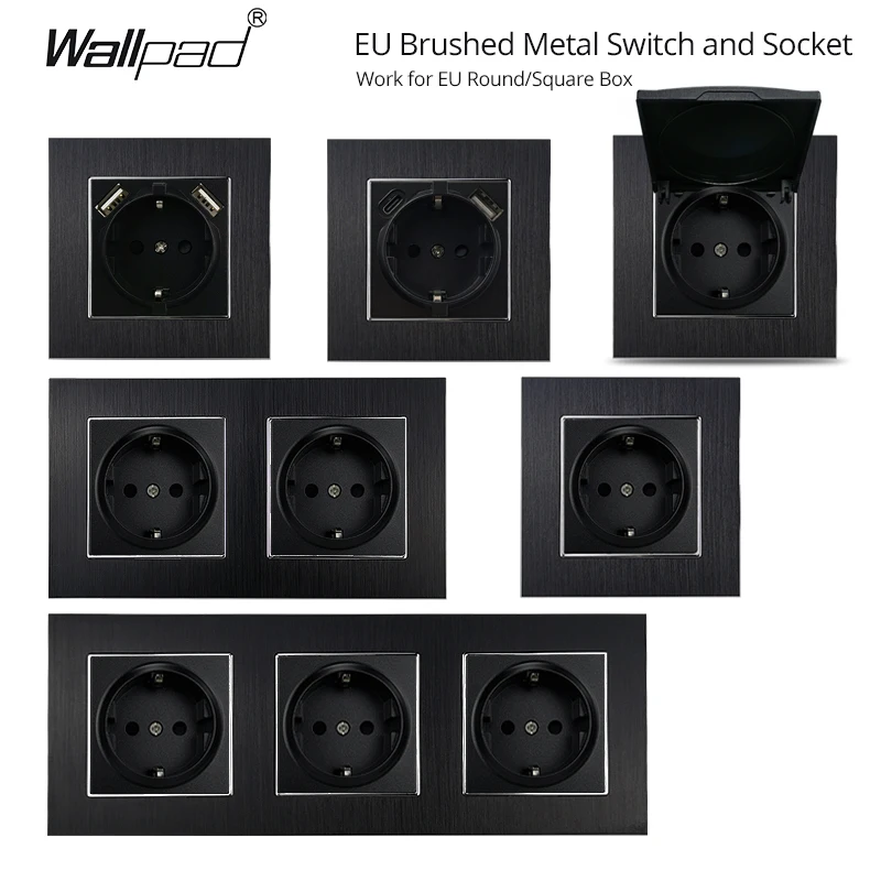 

Euro USB Type-C Socket Black Matte Metal Panel Double Triple Electrical Wall SocketS EU Type A+C Outlet with Cap Cover Round Box