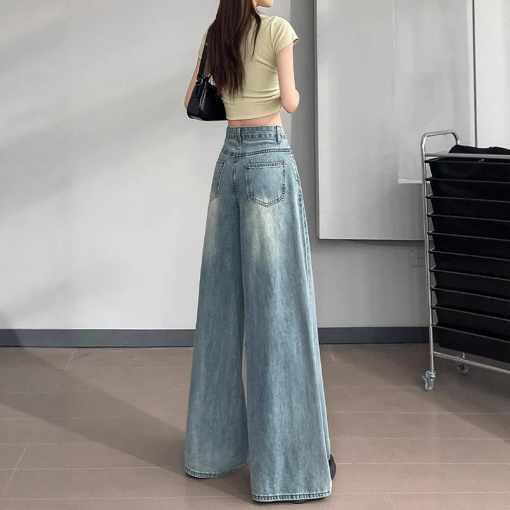 

Женские синие джинсы-клеш в пол с высокой талией, тонкие, свободные, прямые, струящиеся, повседневные, весна-осень