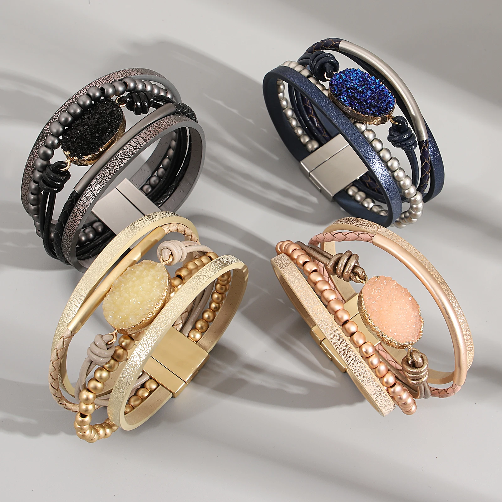 

Amorcome Luxury Artificial Stone Multilayer Woven Leather Bracelet Women Rice Bead Metal Tube Wrapped Bangle Charming Jewelry