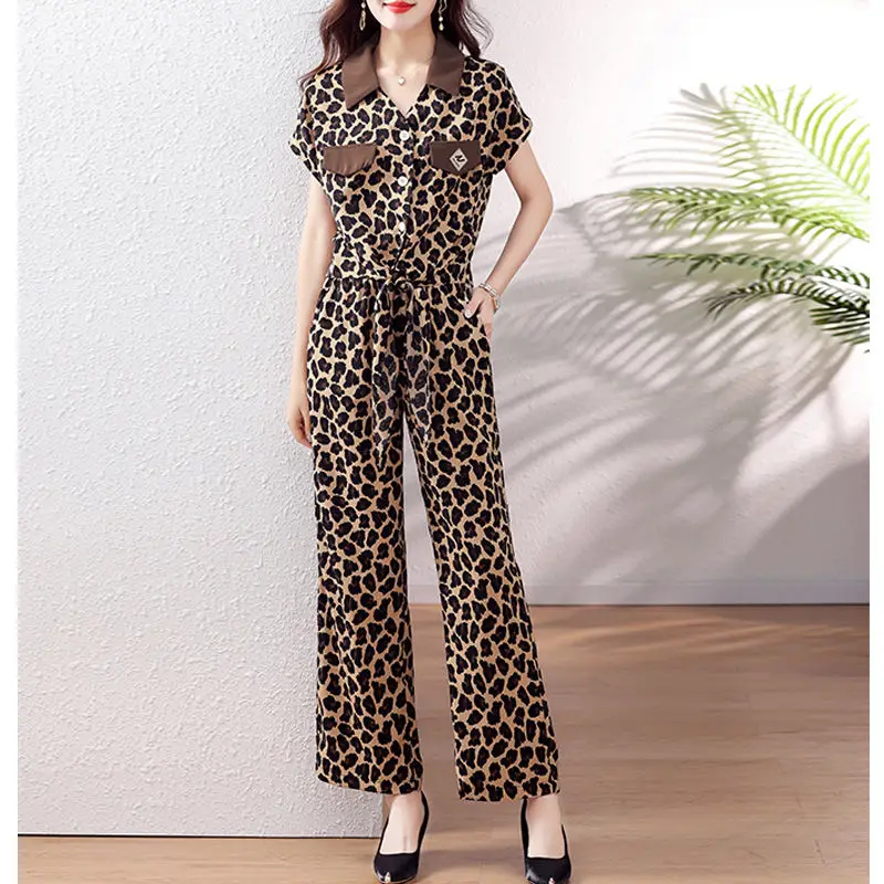 Spring Summer New Fashion Women's Clothing Polo Neck Short Sleeve Jumpsuits Casual Loose Sweat Leopard Print Female Clothes Suit