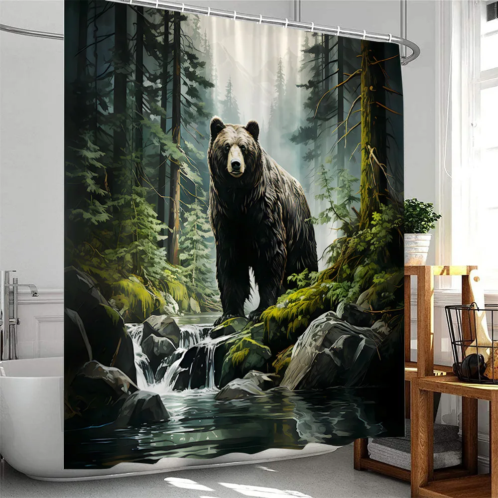 Brown Bear Shower Curtain Animal Print Bathing Bears Forest Trees Cabin Bathroom Decor Polyester Bath Curtain Cloth