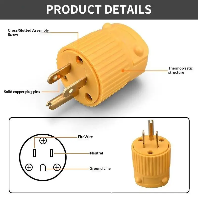 1 Pc Detachable Assembly In-line Power Cord Plug 125V American 15A NEMA 1-15P 5-15P US Industry Waterproof Wiring Plug Connector