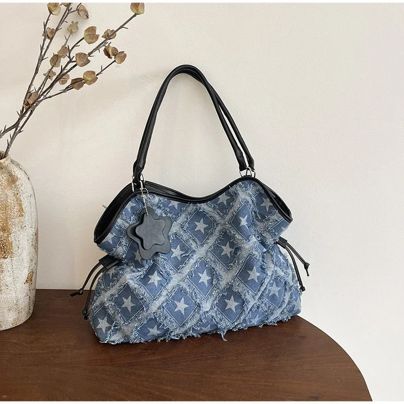 Denim Canvas Grid Umhängetasche, Damen-Umhängetasche mit großem Fassungsvermögen, lässiger, niedlicher Wald-Stil, Reisetasche, Handtasche für den täglichen Pendelverkehr, Blau – Detail 8