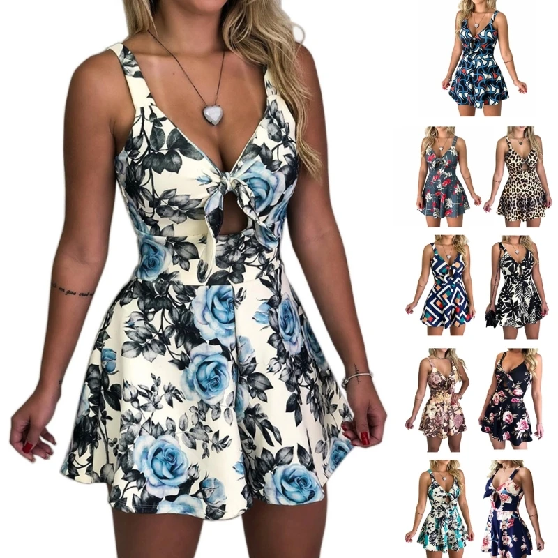 Women Casual Jumpsuit Tunic Waist Sleeveless Wide Leg Rompers Sexy V Neck Print Dropship