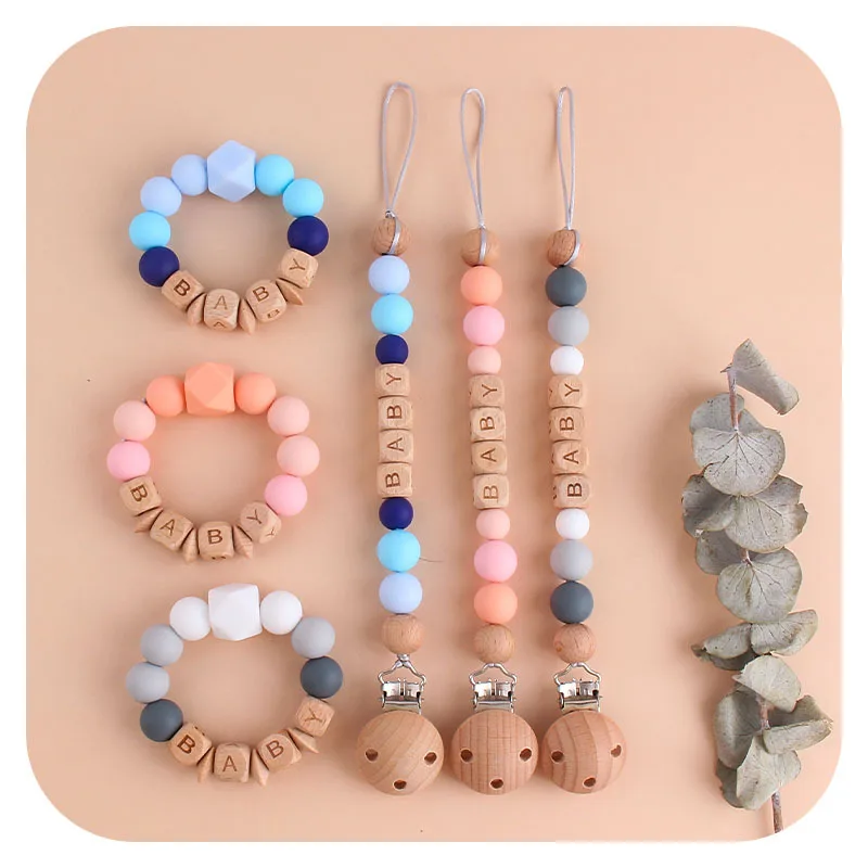 1-2pcs Personalized Name Baby Pacifier Clip Chain Teethers Bracelet Wood Newborn Teething Toy Dummy Nipple Holder DIY Molar Gift