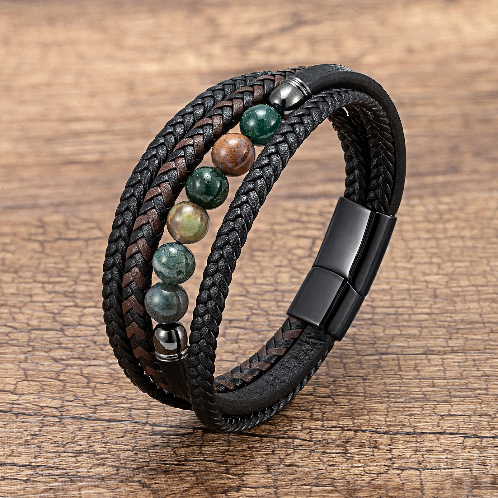 Natürliches Rundes Lavastein-Perlenarmband für Männer, Mehrschichtiges Geflochtenes Lederarmband, Modisches Tigerauge-Schmuckstück, Geschenk für den Freund – Detail 7