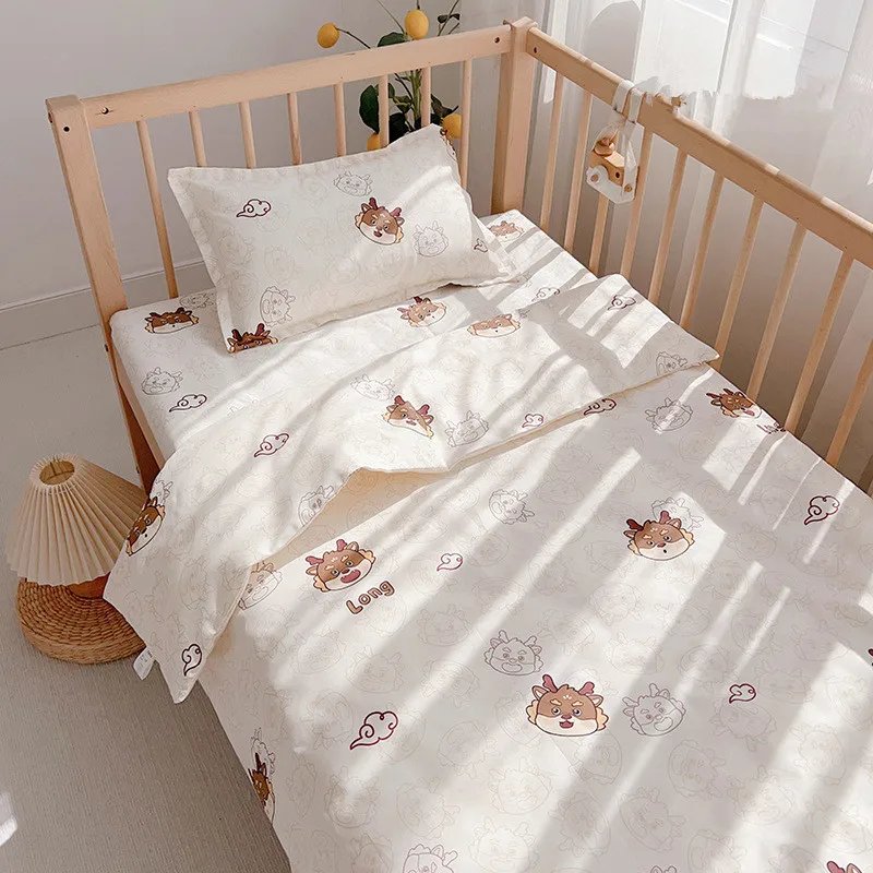 3Pcs Set Baby Crib Beddigns For Newborn Infant Toddlers Cotton Cartoon Printing Duvet Cover Case Pillowcase Flat Sheet Bed Linen