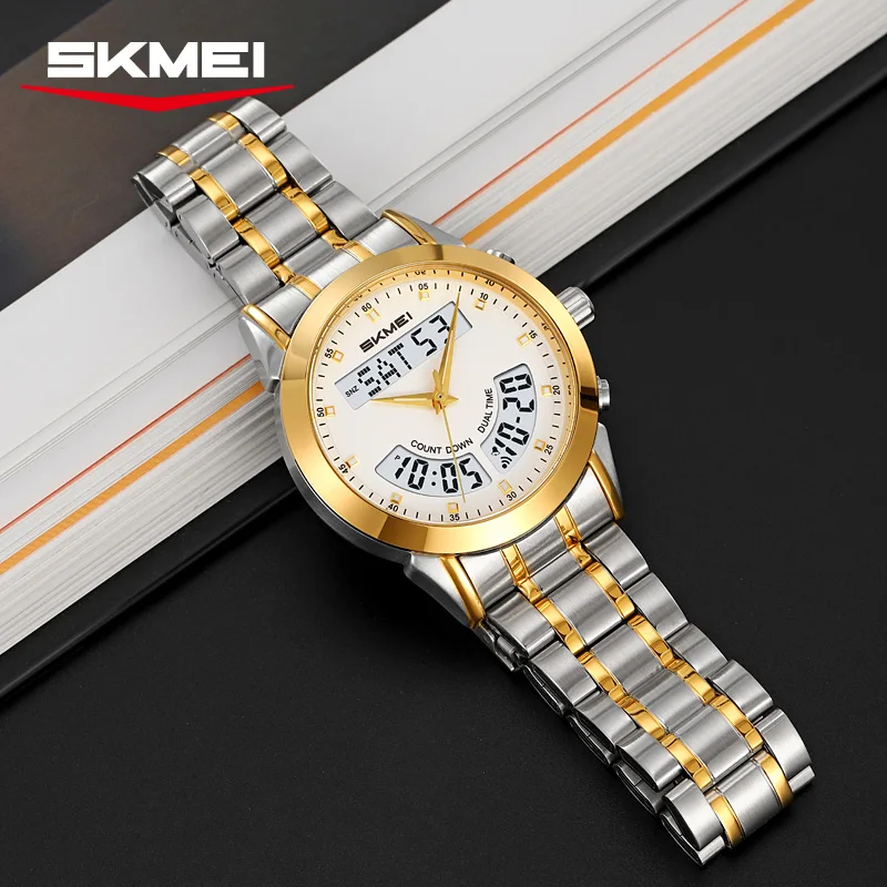 SKMEI 2445 Brand Men's Electronic Quartz Watch Luminous Alarm Clock Countdown Waterproof Stainless Steel Strap Men Digital Watch