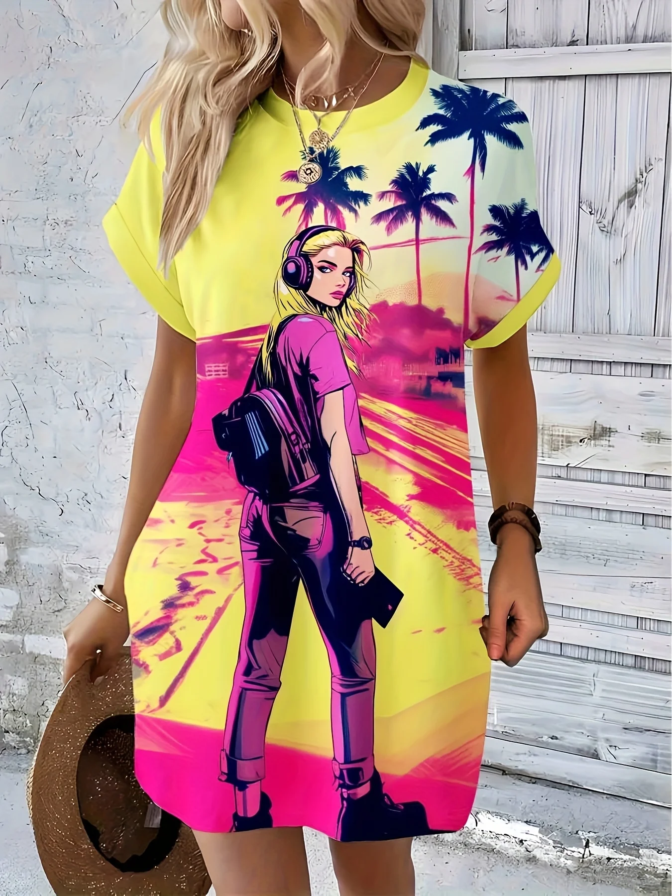 

Plus Size Women's Vibrant Cyberpunk Portrait Print Dress Casual Crew Neck Short Sleeve Dress with Headphone Backpack Design