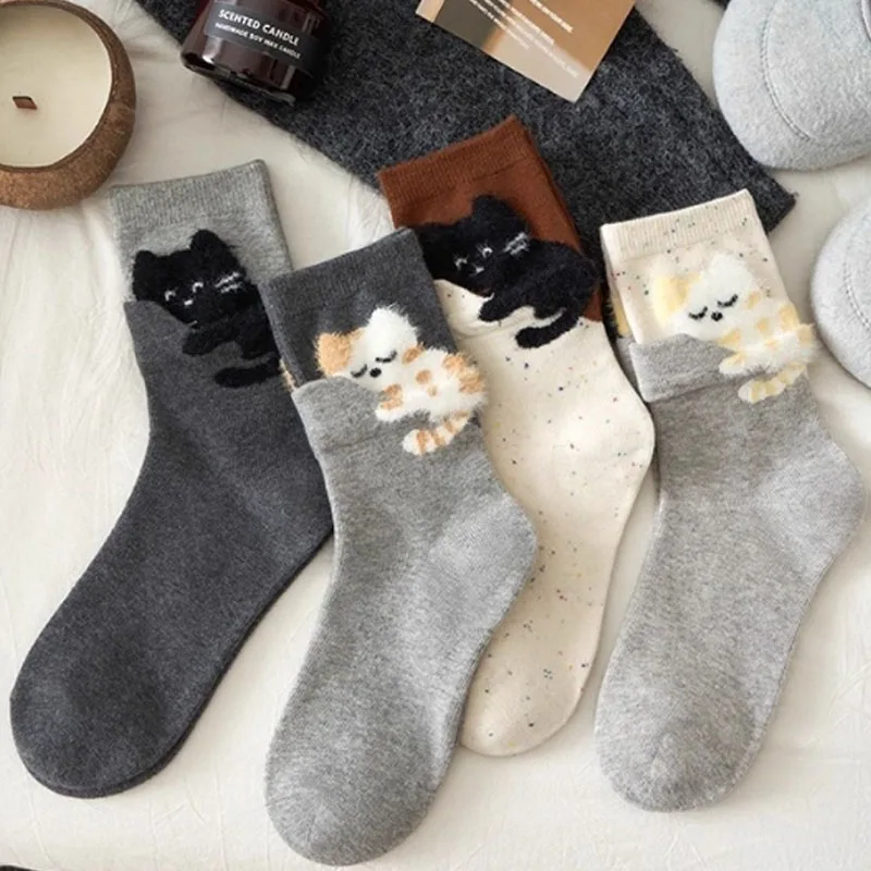 1-10Pairs Cartoon Flocked Cute Cat Mid-calf Socks for Women Autumn and Winter Ins Trendy Soft Boneless Casual Breathable Socks