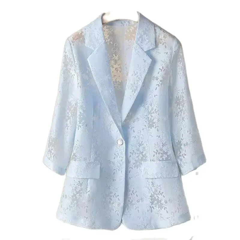 2024 Mode dünne Spitze Anzug Jacke Damen Blazer neuen Sommer Sonnenschutz Mantel ausgehöhlt blau weiß Anzug