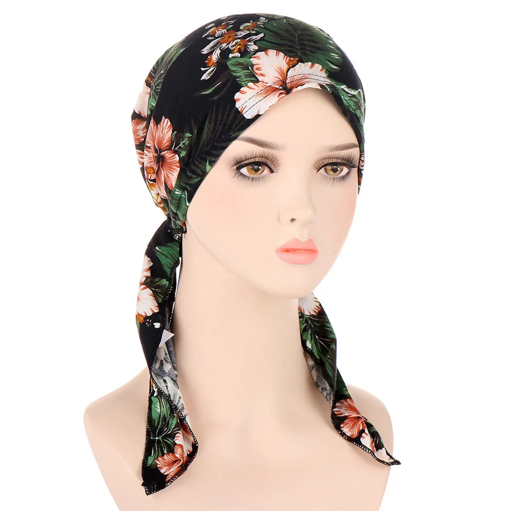 Muslim Women Printed Hijabs Hats Turban Head Head Scarf Chemo Cancer Cap Hair Loss Hat Long Tail Bow Bonnet Wide Band Wrap Cap