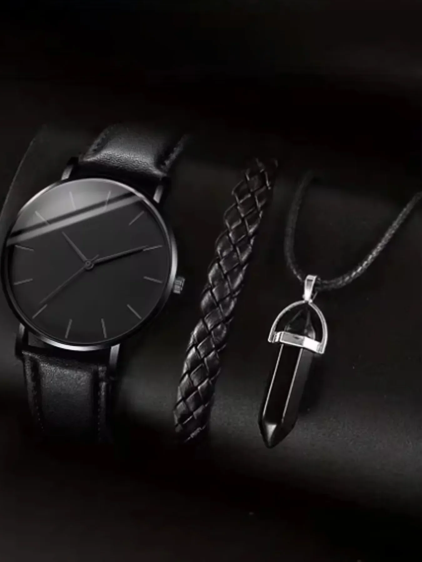 3Pcs Men Watch Jewelry Set Black Dial Quartz Wristwatch Leather Strap Braided Bracelet Crystal Necklace Male Gift