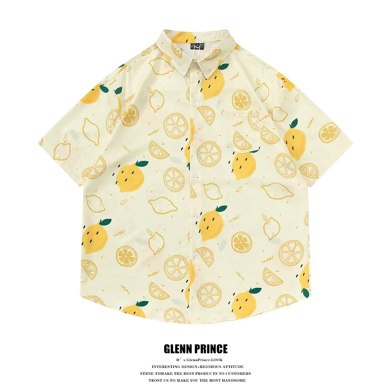 Loose Casual Men's Short Sleeve Shirt Lemon Print Street Style Summer Fashion Brand GPstudio Polyester Fiber Flat Iron Needed