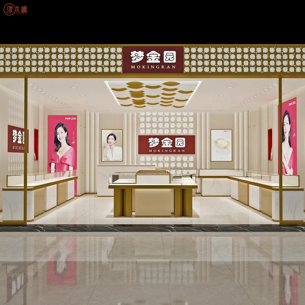 Gold Glass Jewelry Showcase Custom Stainless Steel Jewellery Shops Interior Design Images Factory