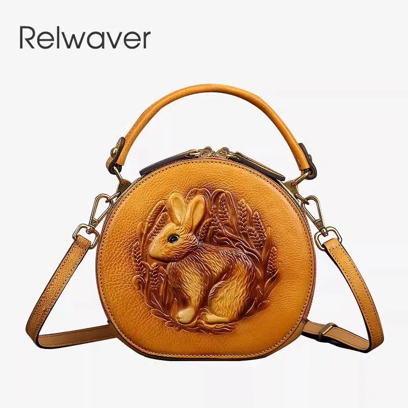 

Relwaver rabbit round bag genuine cow leather shoulder bag 2023 autumn winter women messenger bags lovely vintage mini hand bag