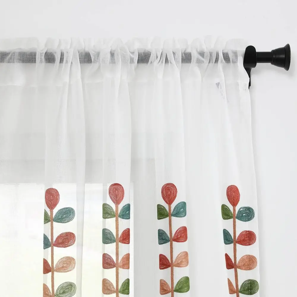 Cortinas transparentes brancas bordadas com folhas coloridas, 60 L x 106 L, conjunto de 2 para sala de estar e quarto