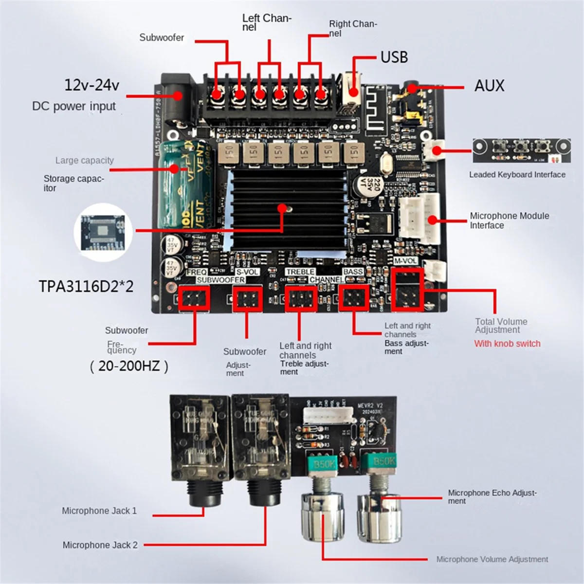 -MT21HS 2.1channel Bluetooth Audio Amplifier Board TPA3116D2 Module, Lead-Type KTV Microphone Audio Machine