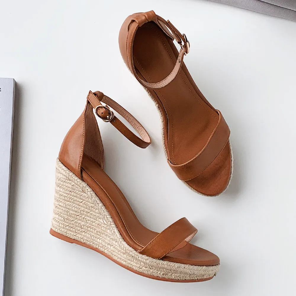 Women\'s sheepskin wedge platform high heel ankle strap sandals narrow band open toe elegant ladies slim dress pumps shoes women