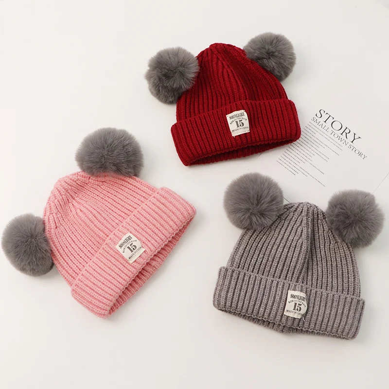 New hipsters Warm hats Boys and girls woollen hats pasted fabric knit baby pullover hats fuzz ears hats