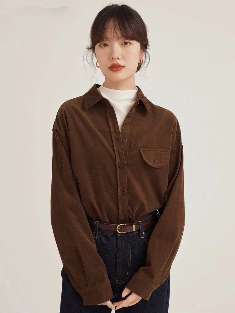 2024 Winter Office Lady Women Corduroy Thick Shirt Korea Style Button Up Blouse Long Sleeve Warm Work Clothing Female Cardigan