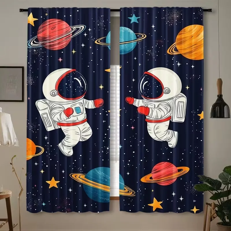 2PC Navy Space Astronaut Sheer Curtains - Playful Sci-Fi Themed Print Window Drapes for Kids' Room Bedroom Decor