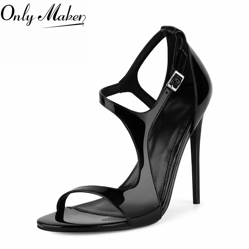 

Onlymaker Women Round Toe 12CM Stiletto Buckle Strap Patent Leather Sandals Cover Thin Heels Backless Fashion Sandals