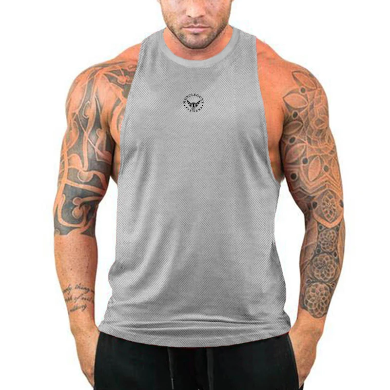 Mens Bodybuilding Tank Tops Mesh Quick Dry Gym Stringer Shirt Fitness Tanktop Men Cut Off Clothing Muscle Training Vest