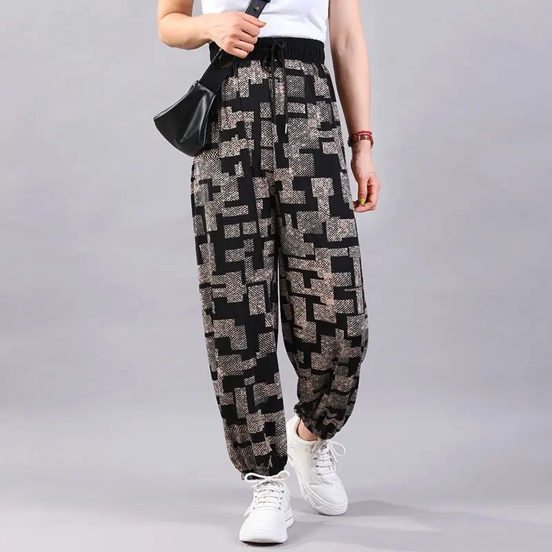 Internet Famous Ice Silk Casual Lantern Women's 2024 New Fashion Splicing Lace Pocket Plaid Foreign Style Bound Leg Harlan Pants