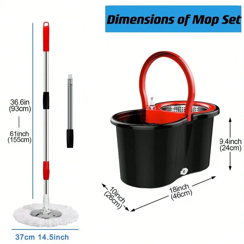 Black 2Sets Of 360° Spin Mop And Bucket Set Quick-Dry Technology,Mop And Bucket With Wringer Set For Home & Kitchen,Wet/Dry Floor Cleaning Kit With 6 Microfiber Mop Heads & Adjustable Handle.
