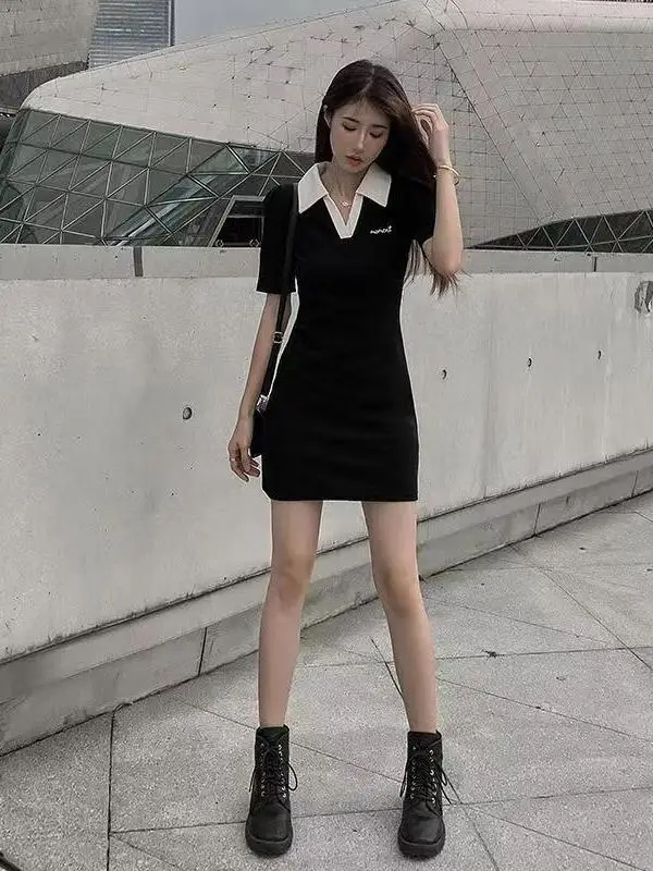 2024 black polo dress for women with pear shaped figure slim fit waist small black dress small stature tall waist dress 8U08