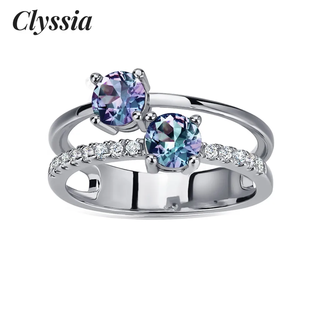 

CLYSSIA стерлингового серебра 925 пробы александритовый драгоценный камень модное двойное кольцо с камнем круглой огранки для женщин ювелирные изделия новые ювелирные изделия