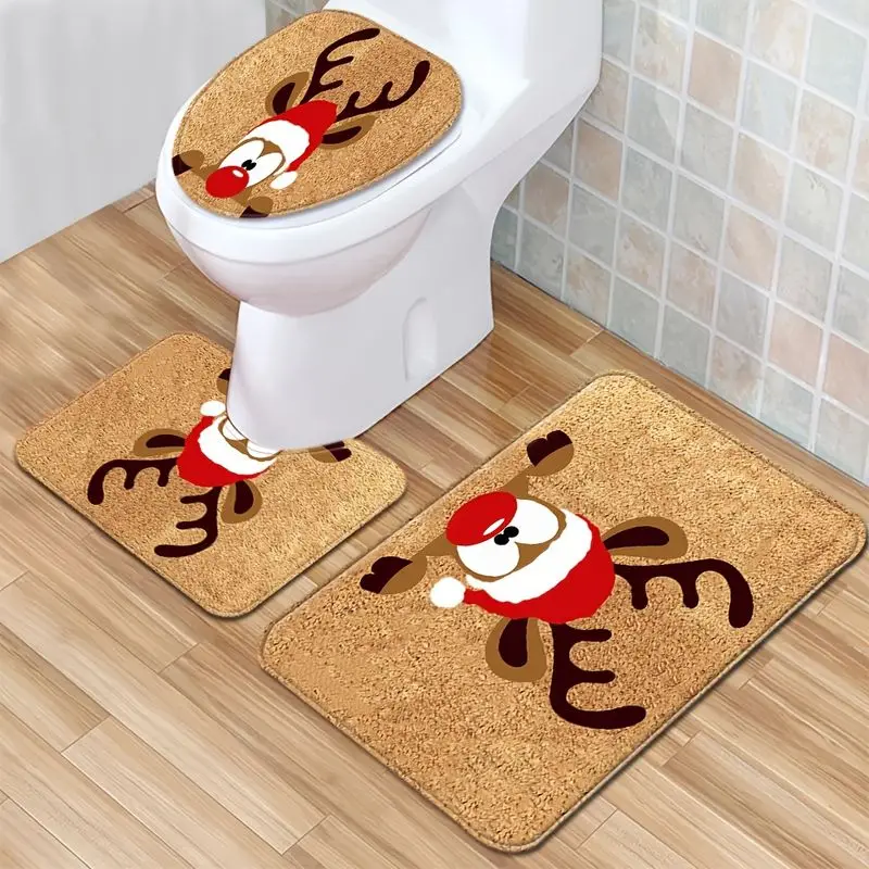 VIKAMA Reindeer Bathroom Rug Set 3 Piece Christmas Non Slip Absorbent Bath Mat Toilet Lid Cover For Shower Tub Xmas Decor
