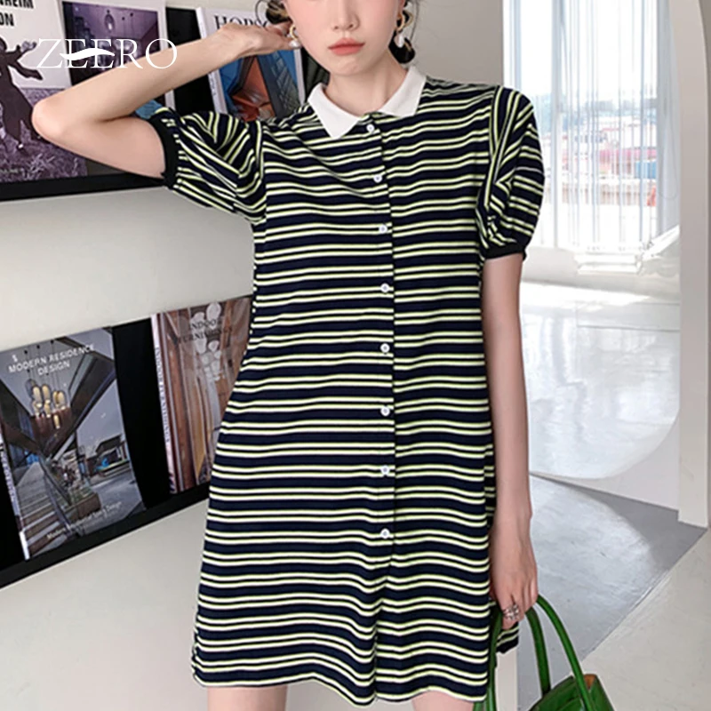 Sommer einreiher Revers Puff Hülse Streifen Lange Polo T Shirt Kleider für Frauen Koreanische Vintage Hohe Taille Schlank mini Kleid