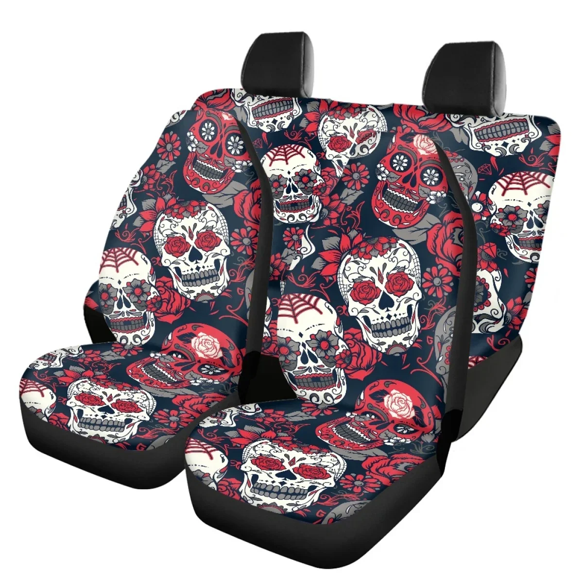 Car Halloween Decoration Scary Skull Red Rose Pattern Front Back Seat Cover Set Vehicle Clean Protector Non-slip for Women Men