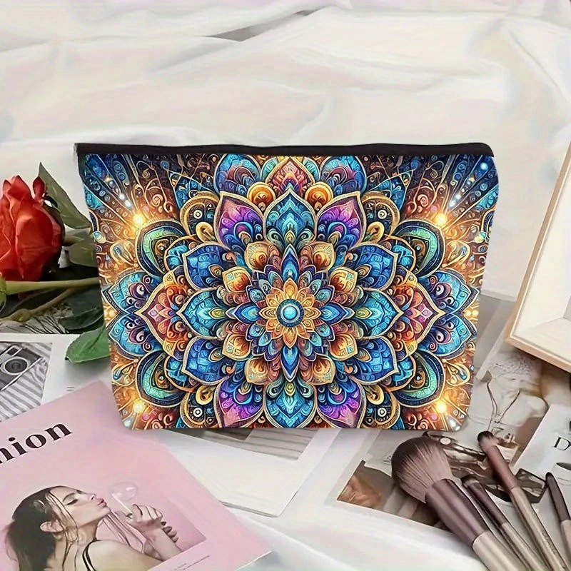 حقيبة مكياج كبيرة من سديم ماندالا، تصميم زهور كونية نابضة بالحياة، منظم أدوات الزينة للسفر للنساء، حقيبة مستحضرات التجميل بسحاب #3