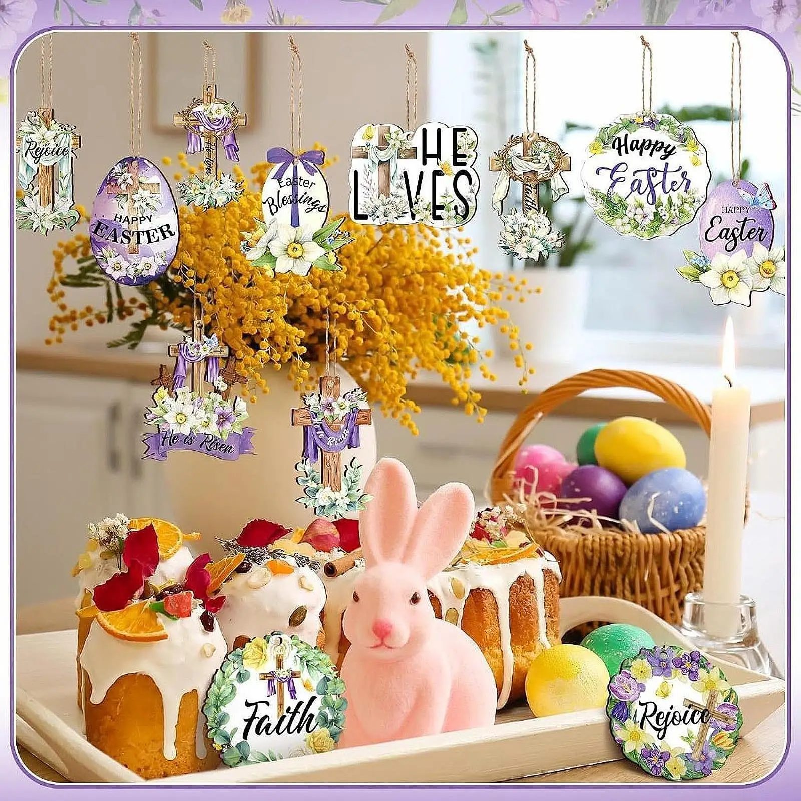 24 Pieces Easter Wooden Hanging Ornament Decorative Sign for Home Window
