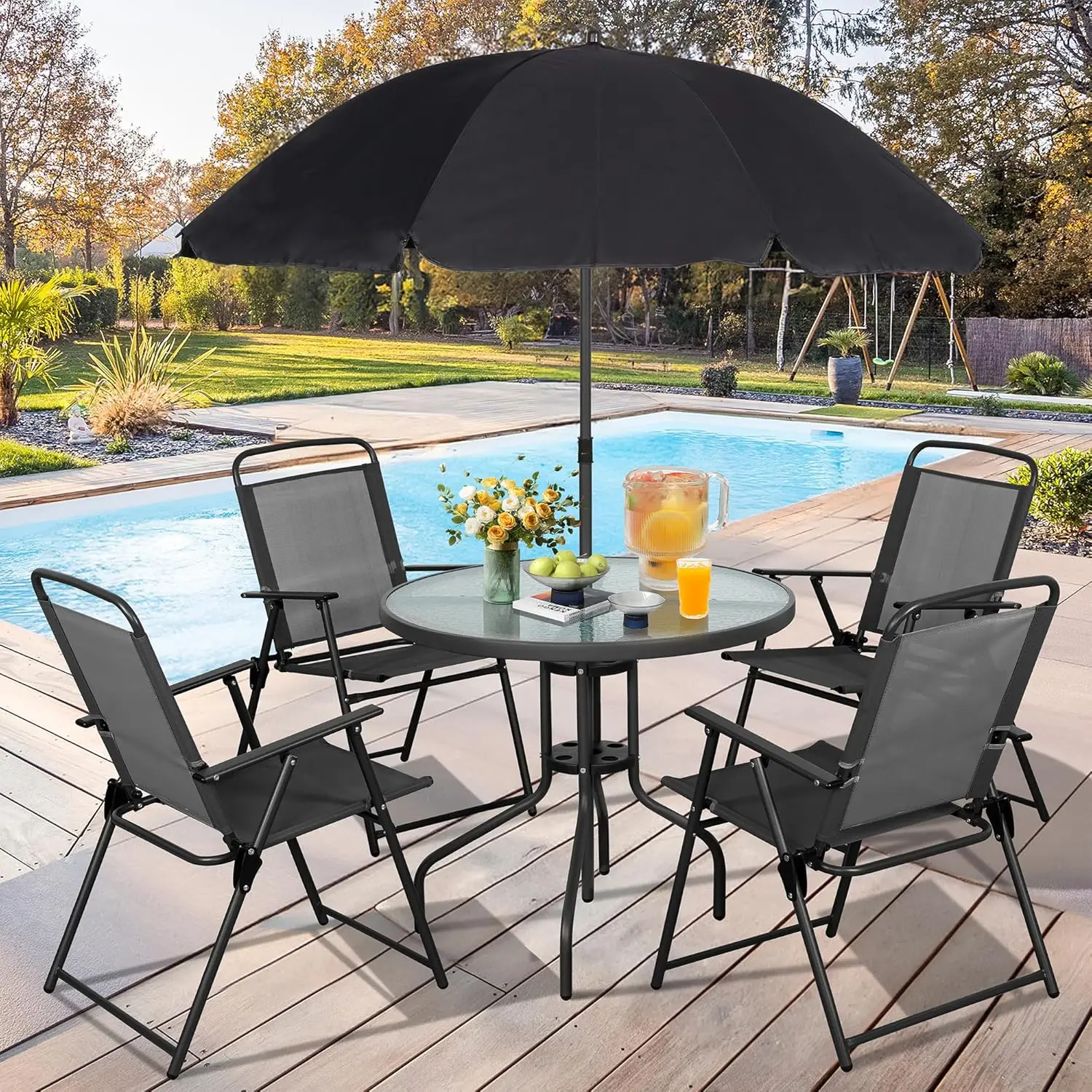 

6 Piece Folding Patio Dining Set,Small Metal Outdoor Garden Patio Table and Chair Set w/Umbrella for Lawn,Deck,Backyard,Black