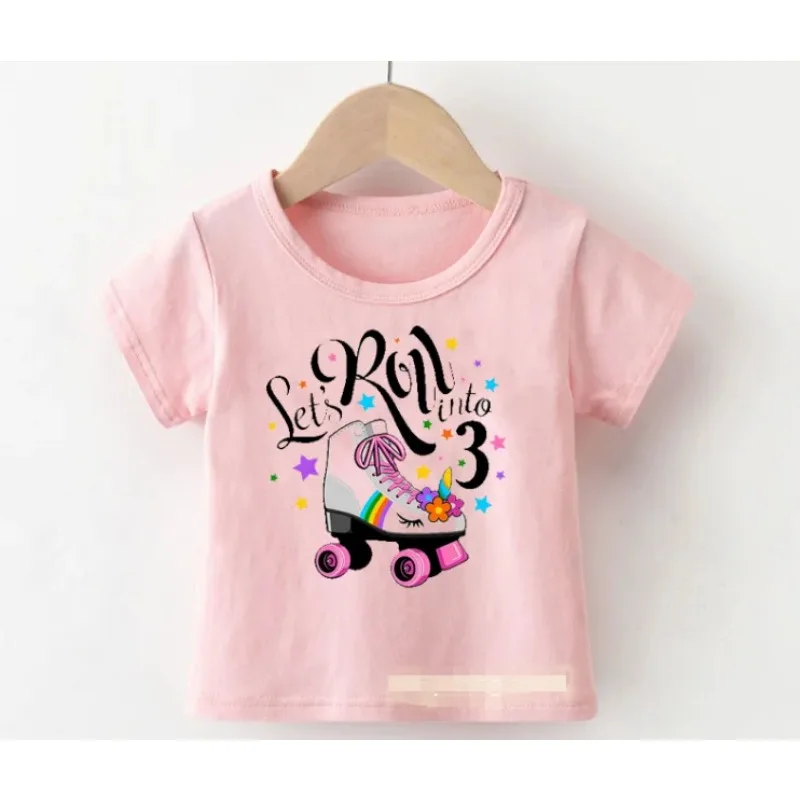 Cute Summer Roller Skate2-9th Birthday Number for Kids Birthday Gift Clothing Fashion Girls T-shirt Tops