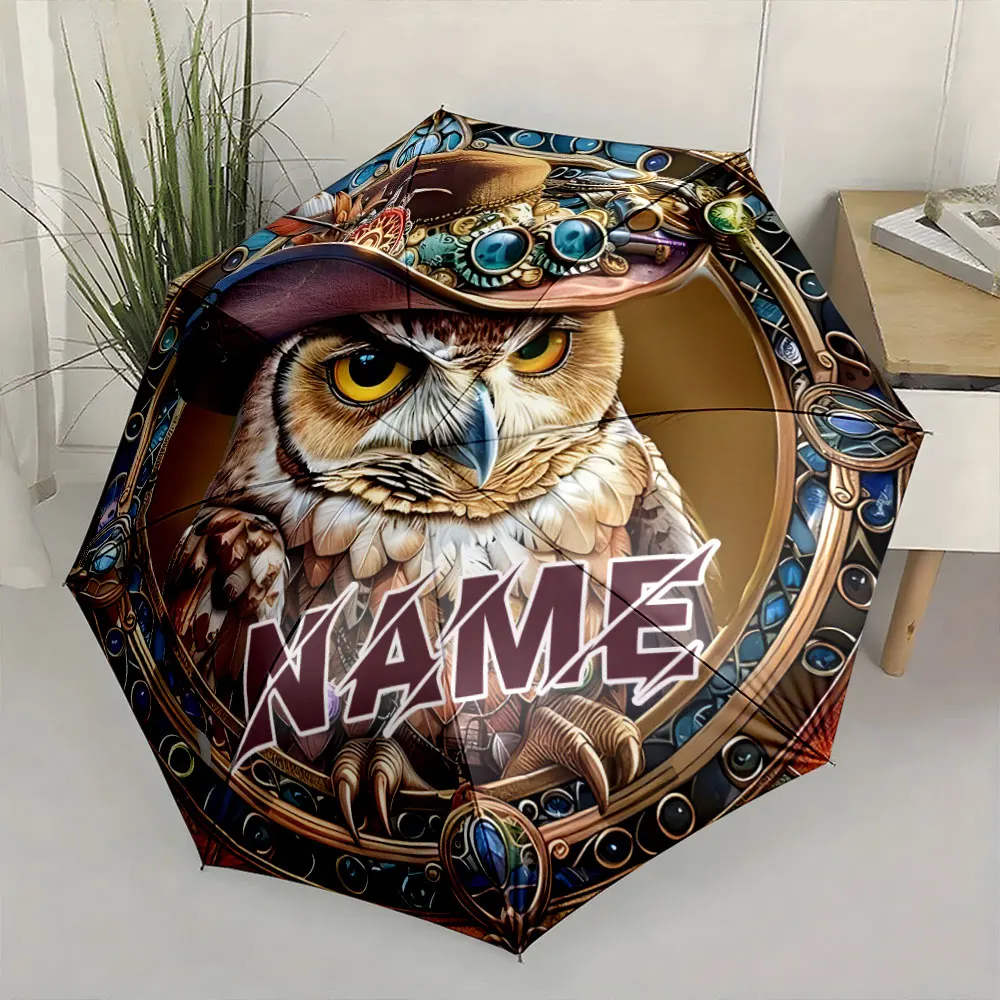 custom umbrella,personalized name umbrella,steampunk owl,owl art print,folding parasol,custom gift,unique present