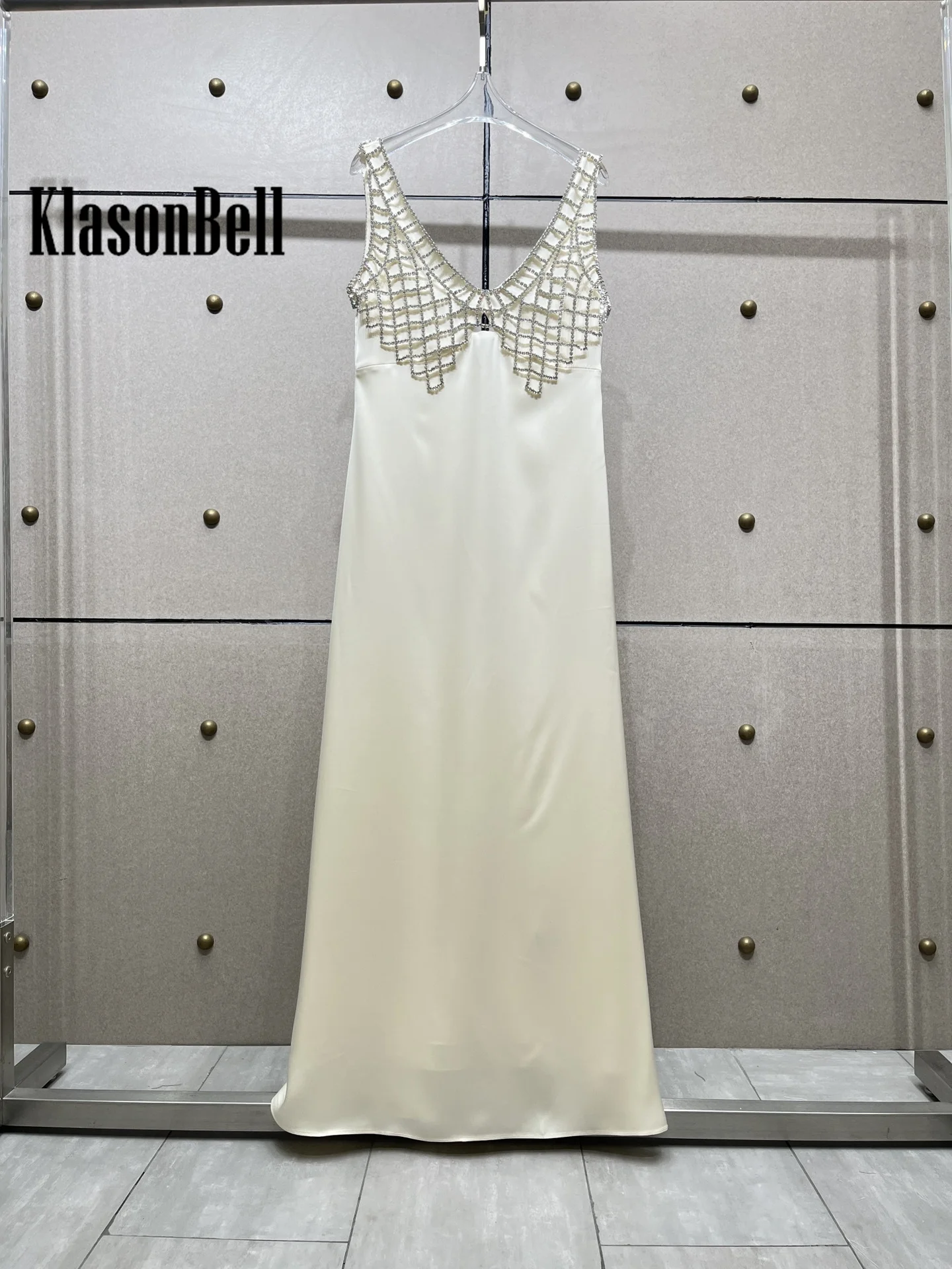 7.19 KasonBell Women Fashion Bling Rhinestone Design Party Maxi Dress Sexy V-Neck Hollow Backless Spaghetti Strap Evening Dress