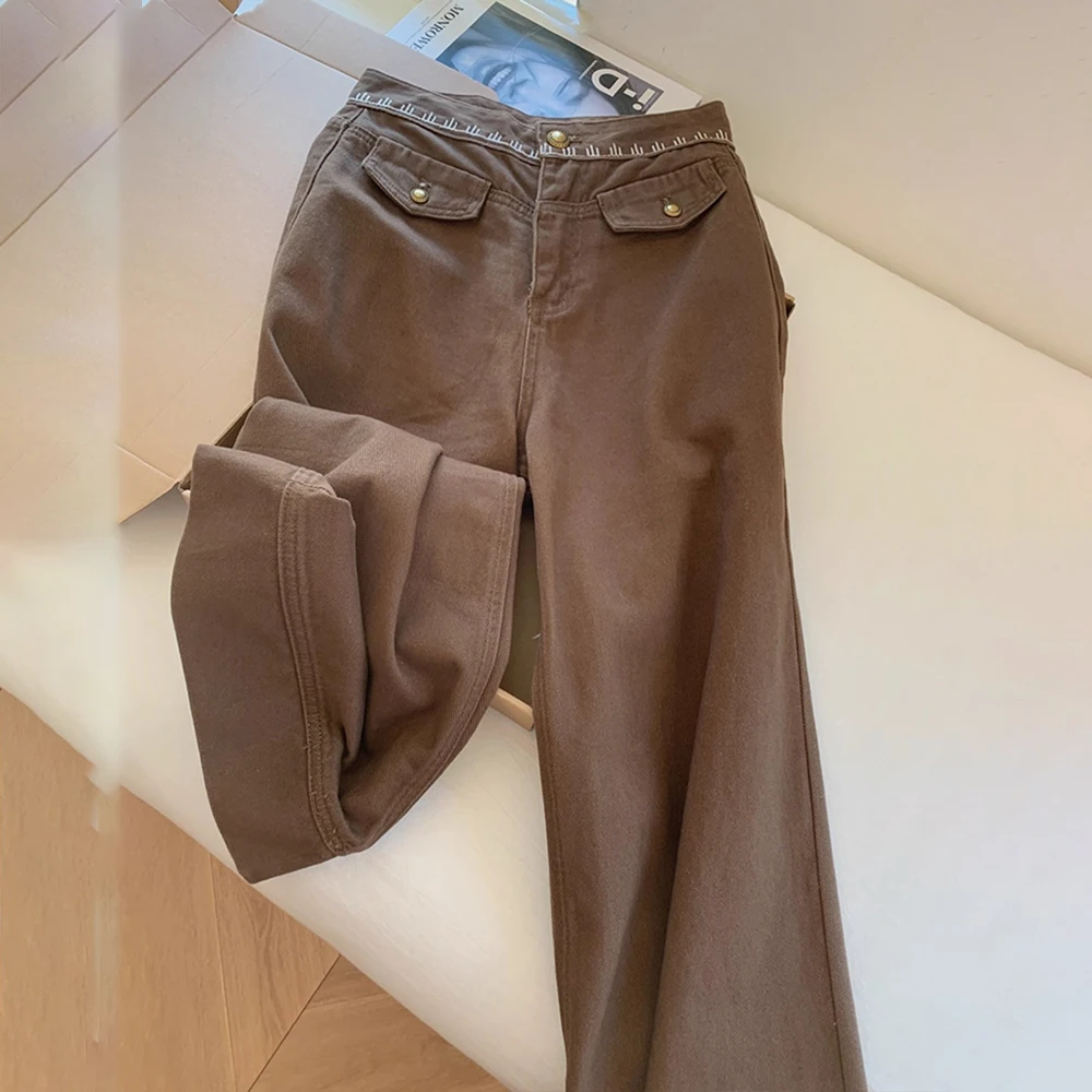 กางเกงยีนส์สีน้ำตาลกาแฟสุดฮิต ดีไซน์ปักลายดอกไม้เก๋ไก๋ กระเป๋าแบบคาร์โก้ ทรงขากว้าง สไตล์ลำลอง หลวม ตรง แฟชั่น