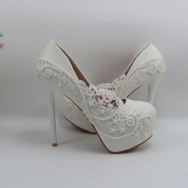 Super High Heel White Flower Wedding shoes Bride Ladies high platform shoes woman Fashion Round Toe Party Dress shoes