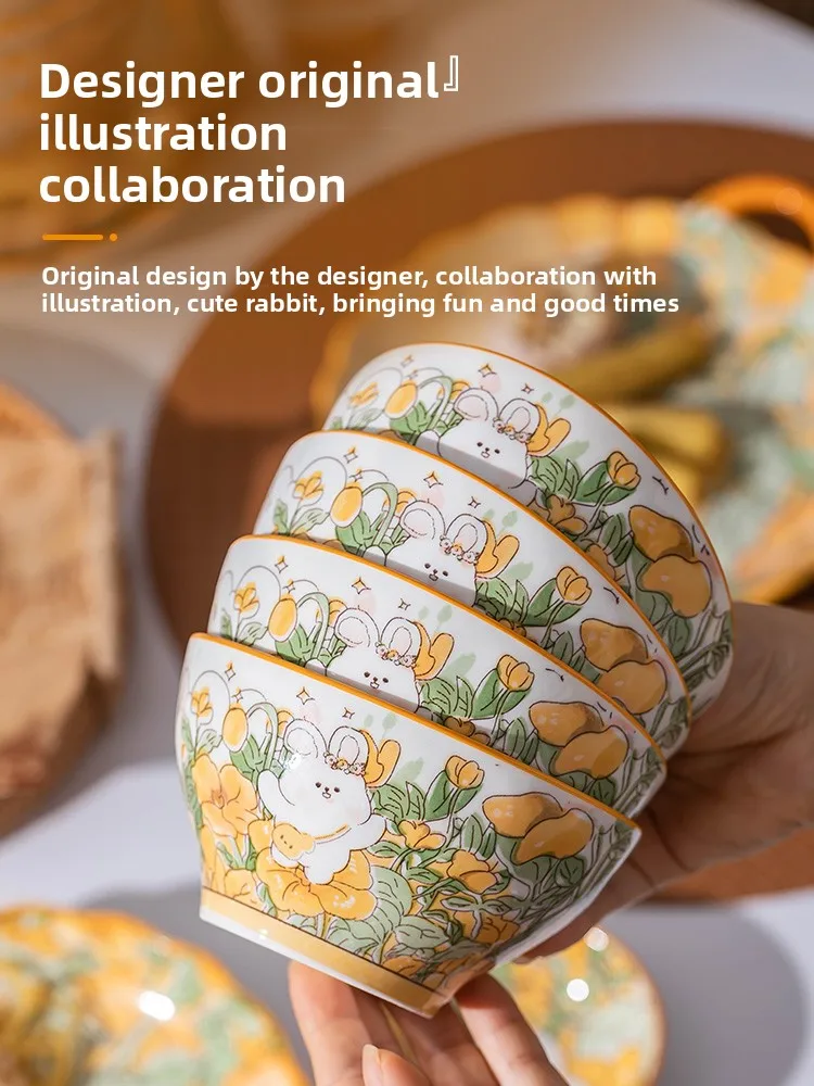 

Cute Flower Rabbit Single Bowl Plate Set Home Use Dining Utensils Diware New 2025 Cartoon Anime Sle Cerc Soup Bowls